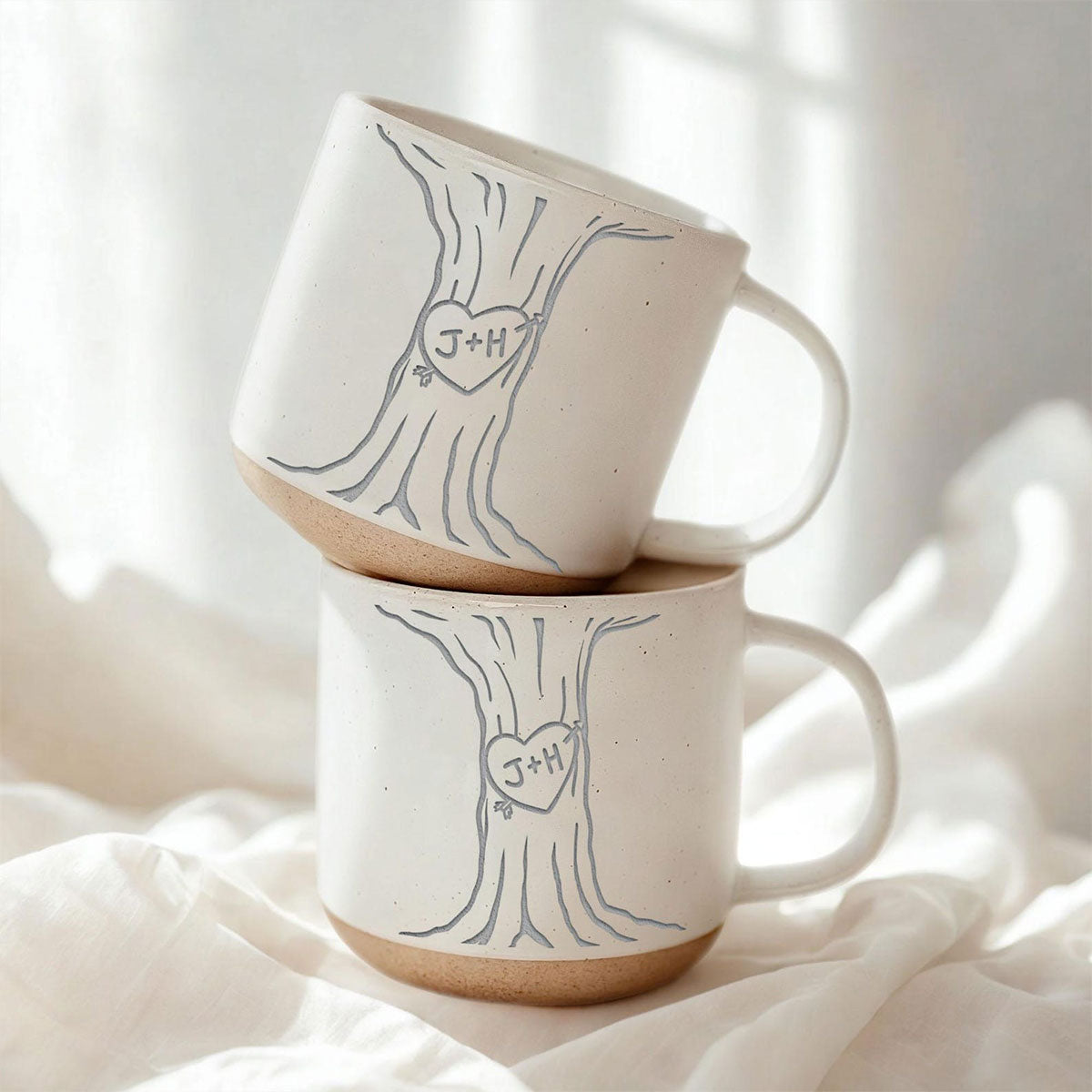 Couple Name Initials Engraved In A Heart Tree - Personalized Pottery Mug - Valentine's Day, Anniversary, Engagement Gift