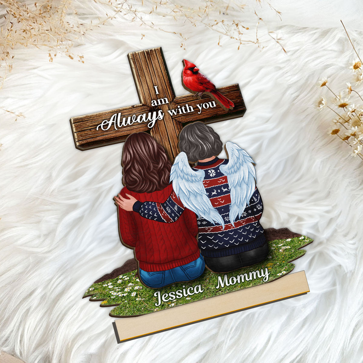 Always With You Family Memorial Remembrance Keepsake Cross Personalized 2-Layer Standing Wooden Plaque