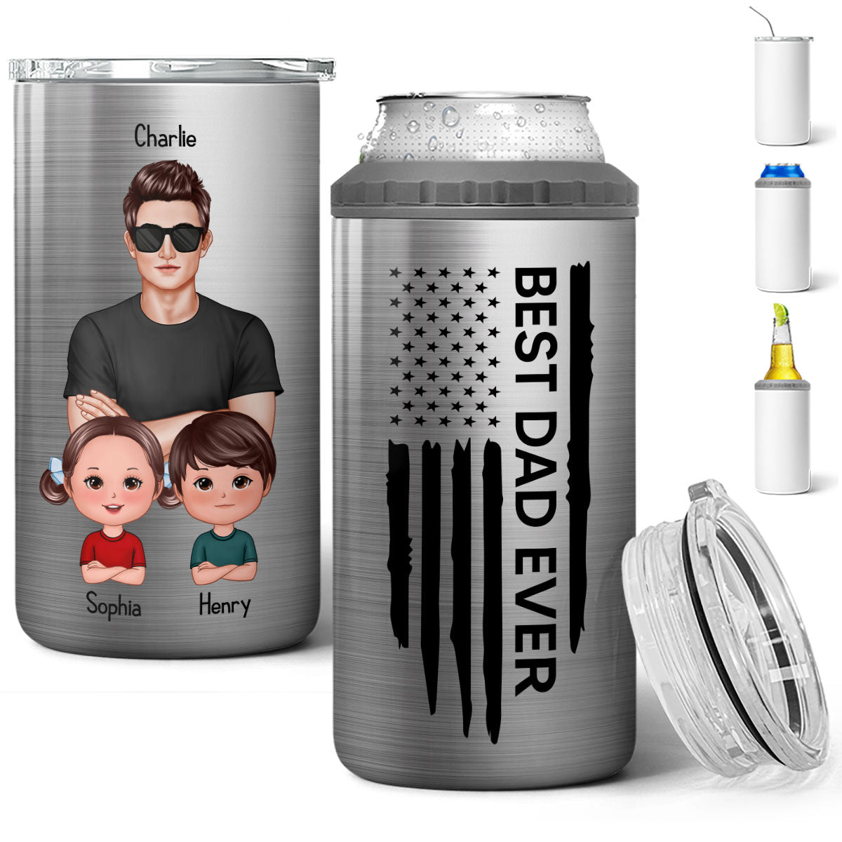 Best Dad Papa Grandpa Ever Man & Kids Nation Flag Father‘s Day Gift For Husband Father Figures Personalized 4 In 1 Can Cooler