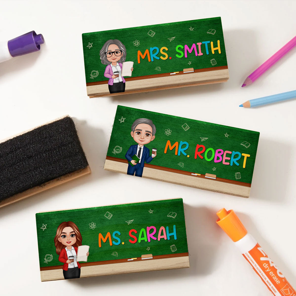 Doll Teacher Green Board Personalized Chalkboard/Whiteboard Eraser with Marker, Teacher Appreciation Gift, Back To School Gift