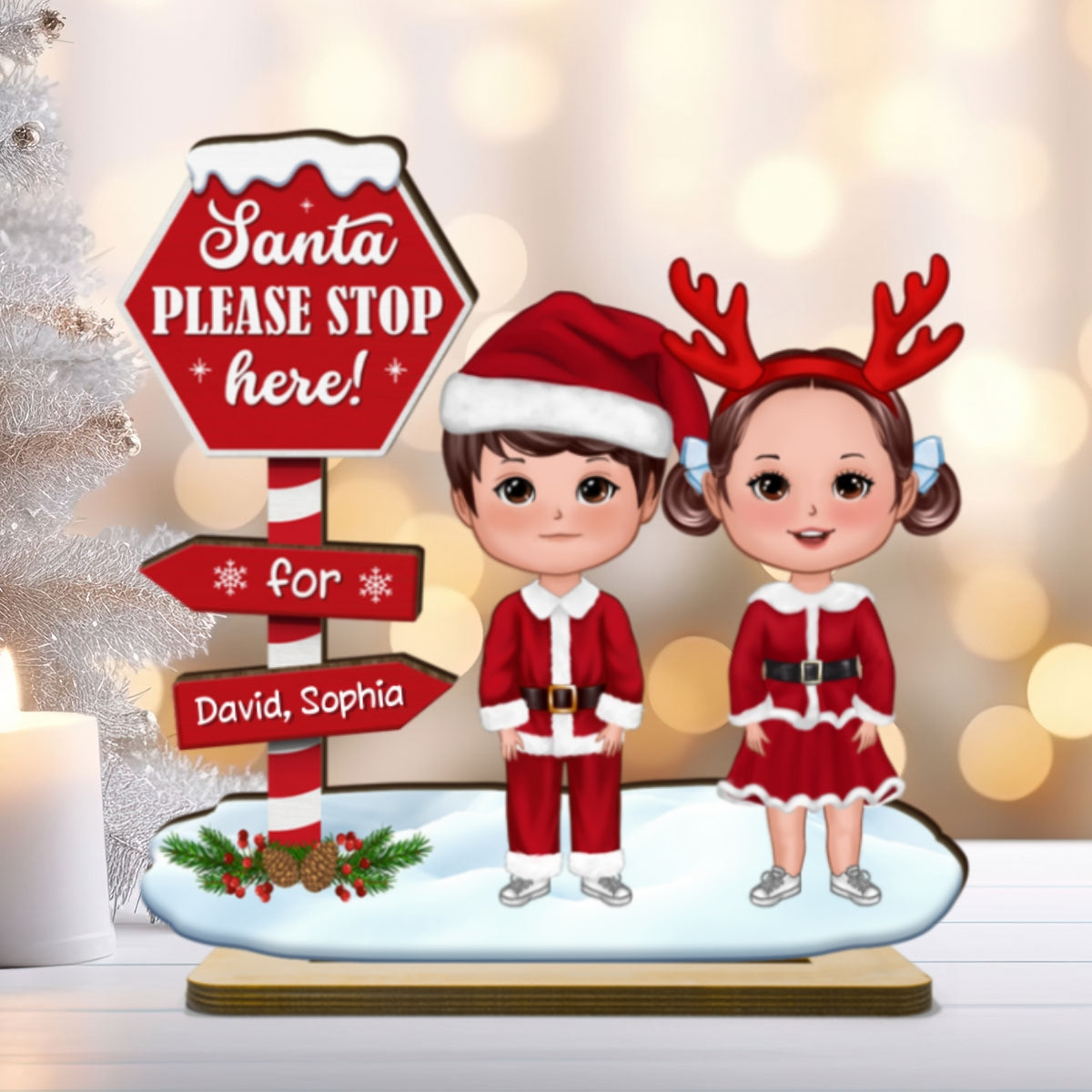 Santa Please Stop Here For Kids Christmas Personalized 2-Layer Standing Wooden Plaque