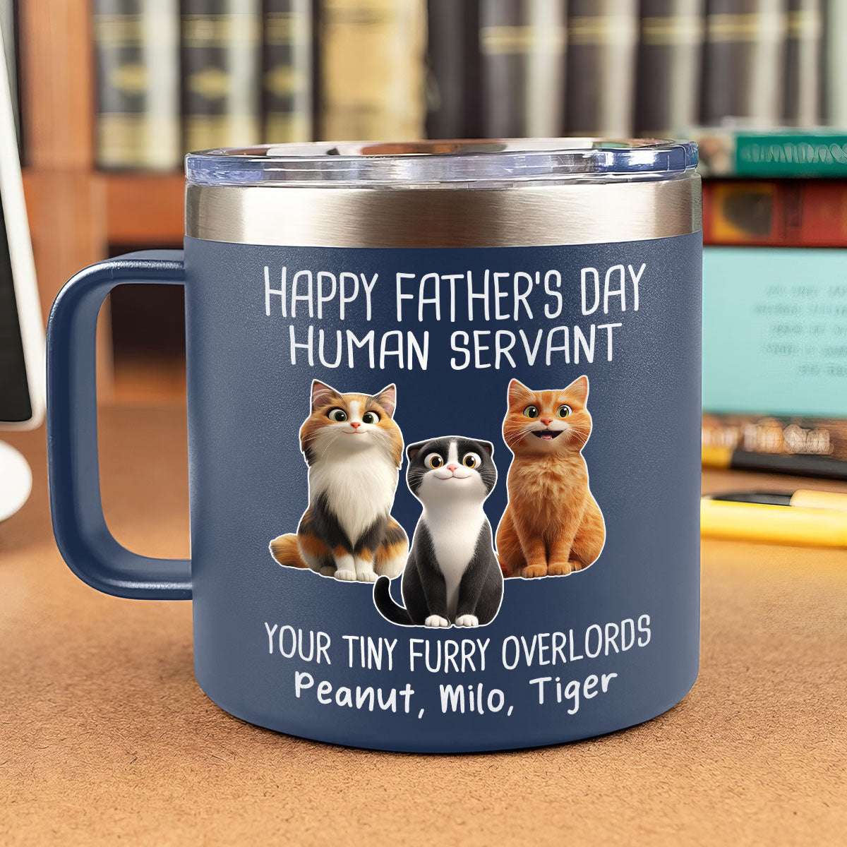 Happy Father's Day Human Servant Cartoon Funny Cats Personalized Stainless Steel Tumbler With Handle