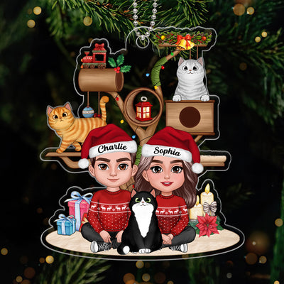 Couple & Cats By Christmas Cat Tower Gift For Cat Lover Personalized Acrylic Ornament