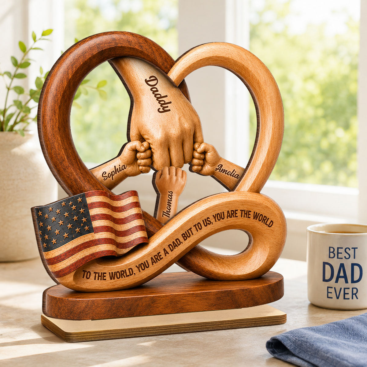 Dad to Us You Are the World - Personalized 2-Layered Wooden Plaque - Father's Day Gift for Dad, Husband