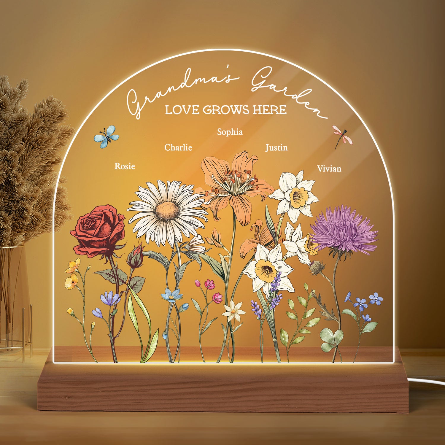 Grandma's Garden Vintage Birth Month Flowers Dome Shaped - Personalized Acrylic LED Night Light - Christmas Gift For Mom, Gift For Grandma