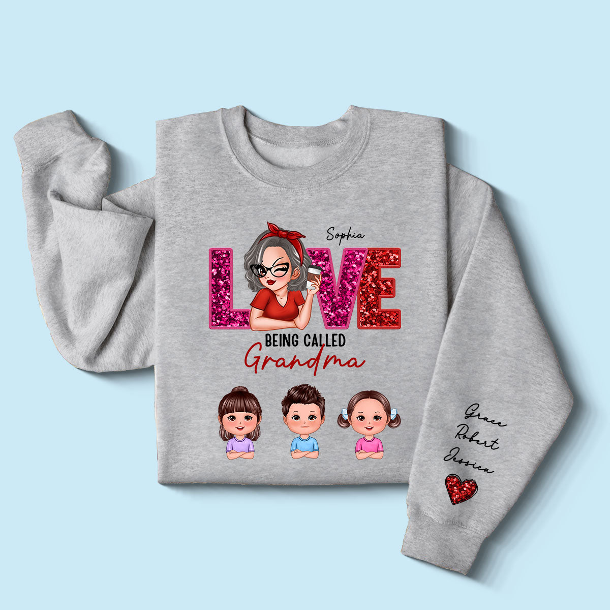 Love Being Called Grandma Mom Cute Grandkids Sequin Texture Personalized Sleeve Printed Sweatshirt