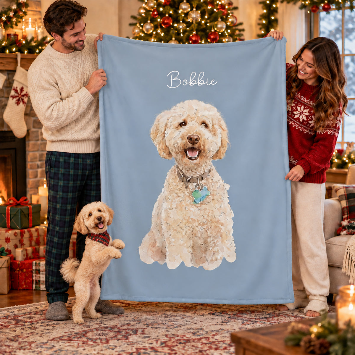 Custom Pet Watercolor Portrait from Photo - Personalized Fleece Blanket - Christmas Gift for Dog Cat Lovers