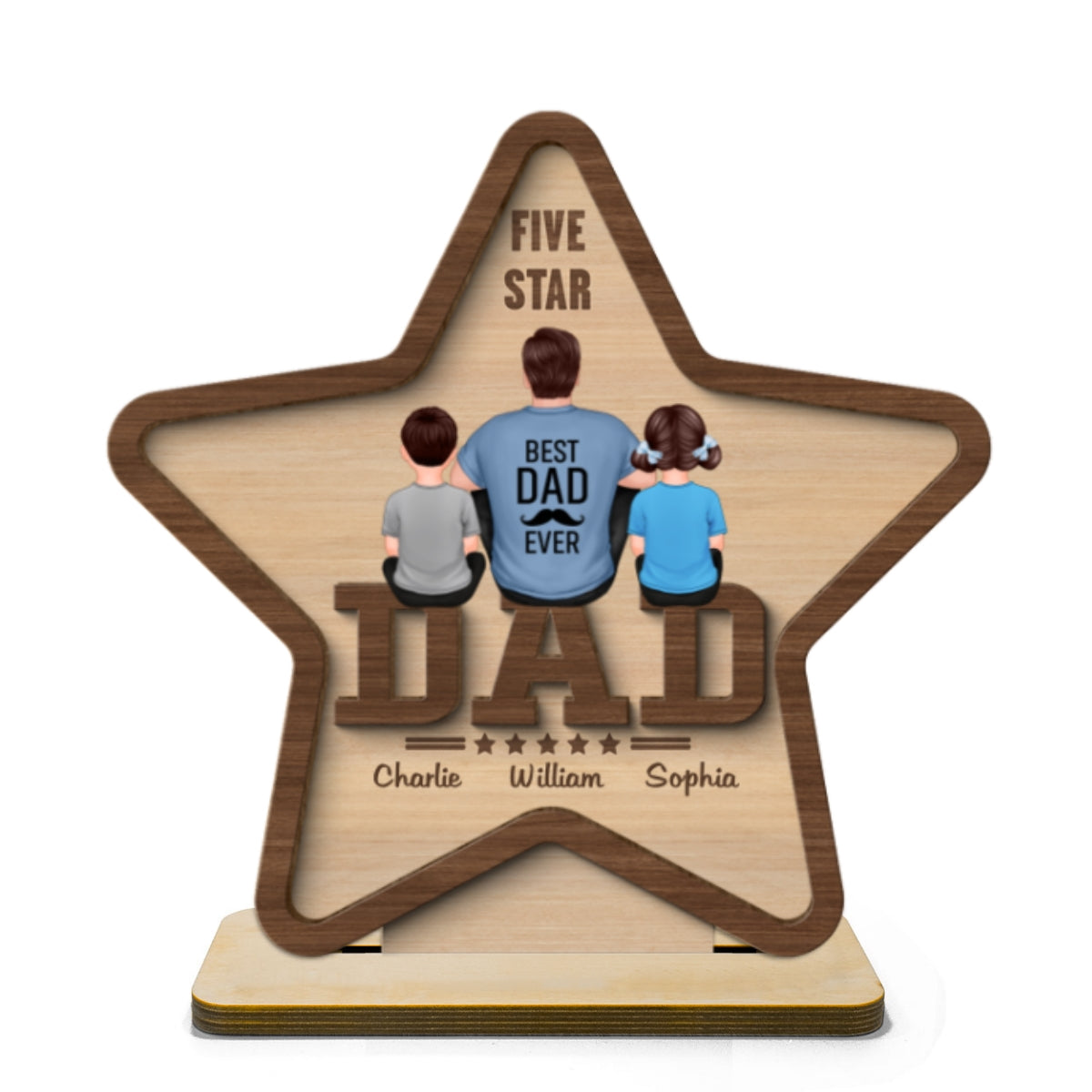 Five - Star Dad Back View Dad And Kids Personalized 2-Layer Standing Wooden Plaque