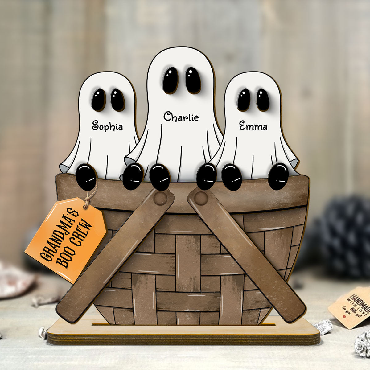 Grandma Family Ghosts For The Flower Basket Personalized 2-Layer Standing Wooden Plaque, Halloween Decor