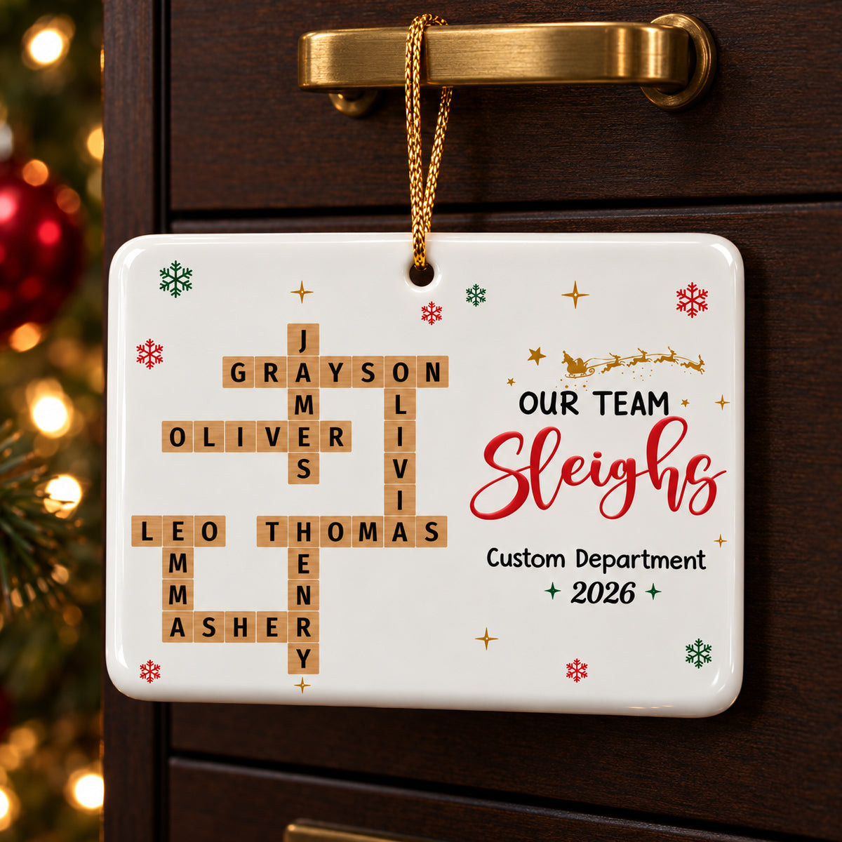 Our Team Sleighs Crossword Puzzle Art - Personalized Ceramic Ornament - Coworkers, Colleagues Gift Exchange