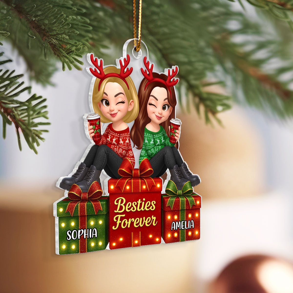Besties Forever Beautiful Marquee Pattern Effect Gift Box Christmas - Personalized Acrylic Ornament