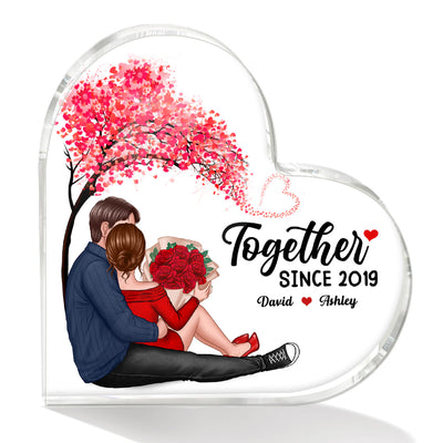 Couple Sitting Together Since Under Heart Tree Personalized Acrylic Heart Plaque - Valentine‘s Day Gift, Anniversary Gift For Her - Gift For Him