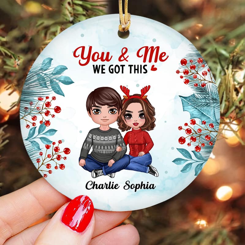 Watercolor Holly Branch Embracing Couple Personalized Circle Ornament