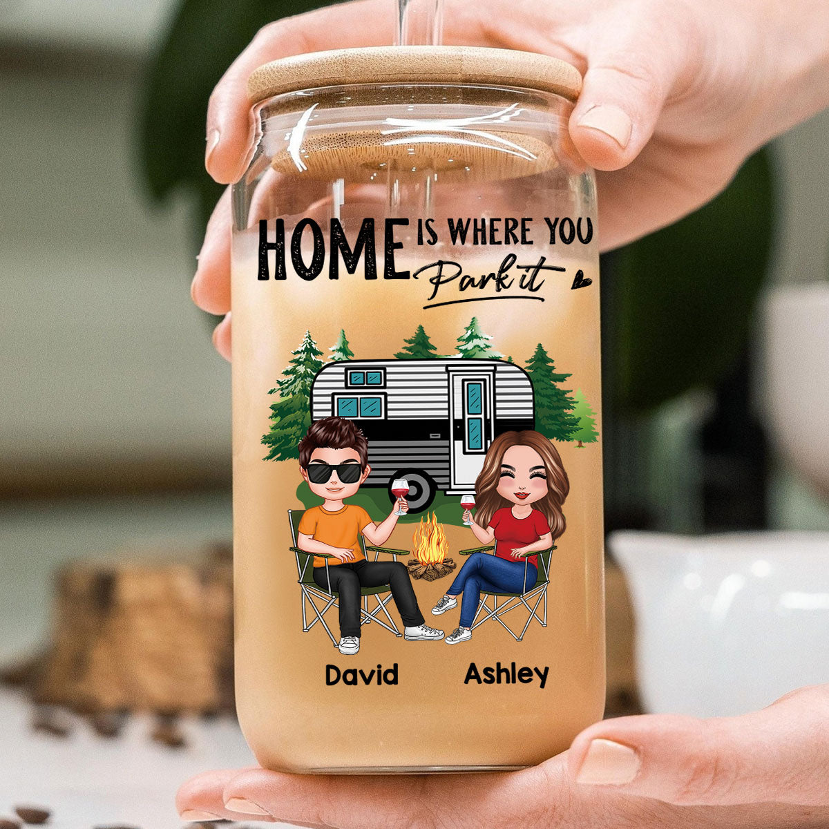 Doll Couple Camping Personalized Clear Glass Can