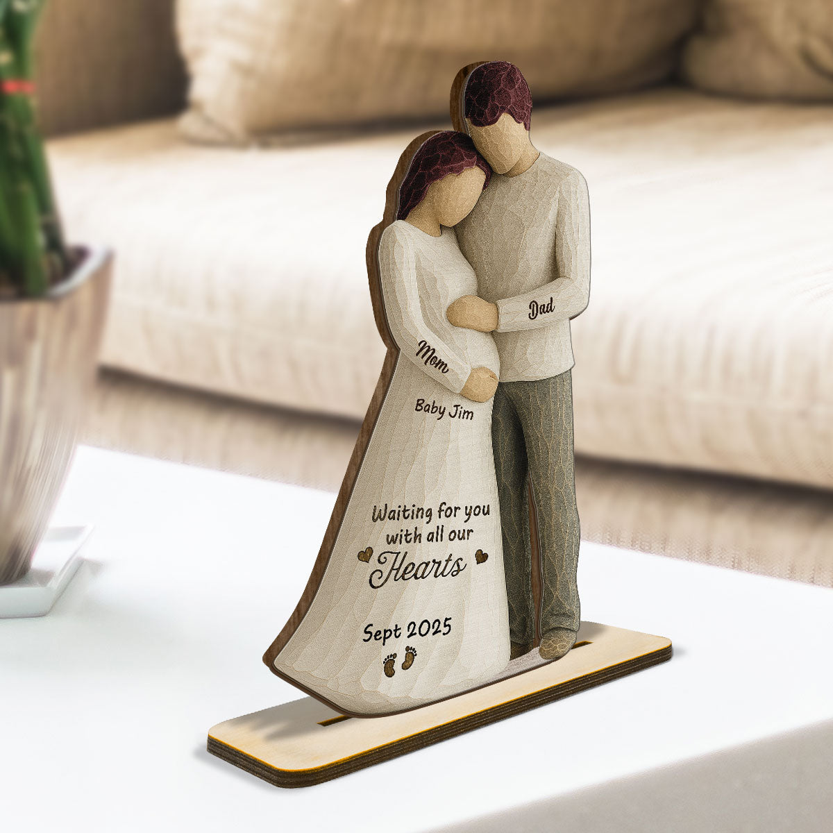 Waiting For You With All Our Hearts Couple Expecting Baby 3D Effect Personalized Standing Wooden Plaque, Baby Shower Gift For Parents-to-be