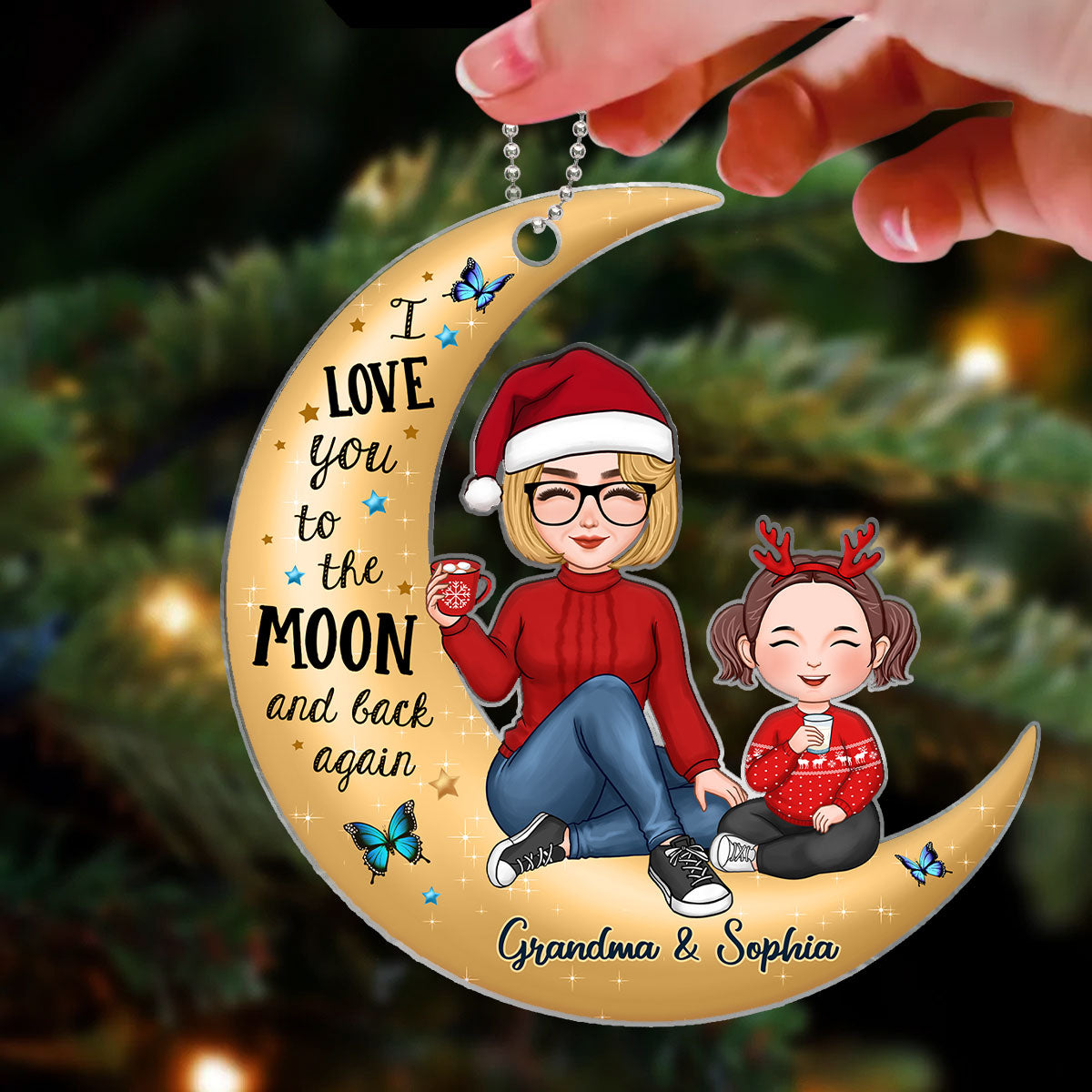 Cute Grandma Grandkid On Golden Moon Christmas Gift Personalized Acrylic Ornament