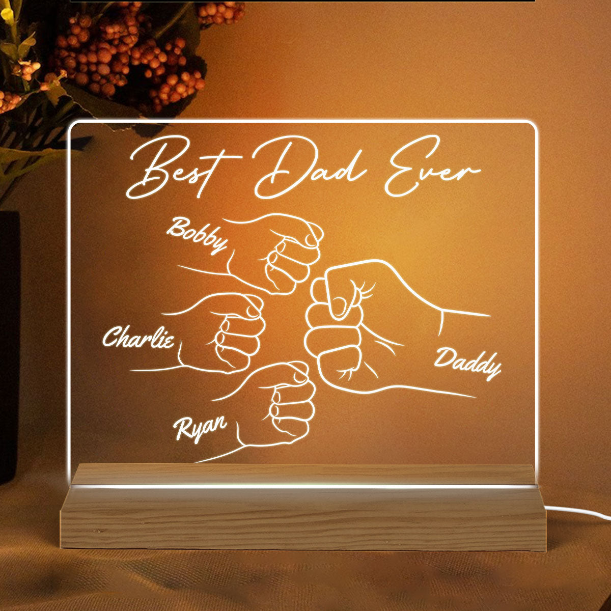 Best Dad Ever Fist Bump Hands Outline Personalized Custom Shape Acrylic Plaque LED Night Light