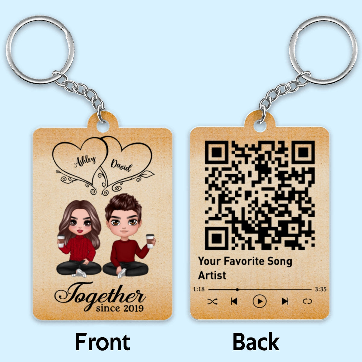 Hearts Doll Couple Sitting Favorite Song Scannable QR Code Personalized Acrylic Keychain