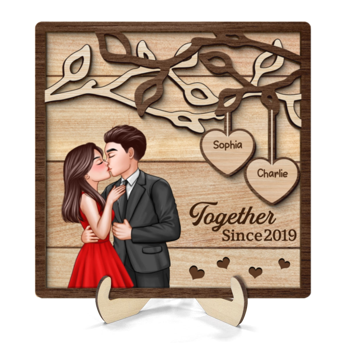 Couple Kissing Under Tree Elegant Couple Personalized 2-Layer Wooden Plaque