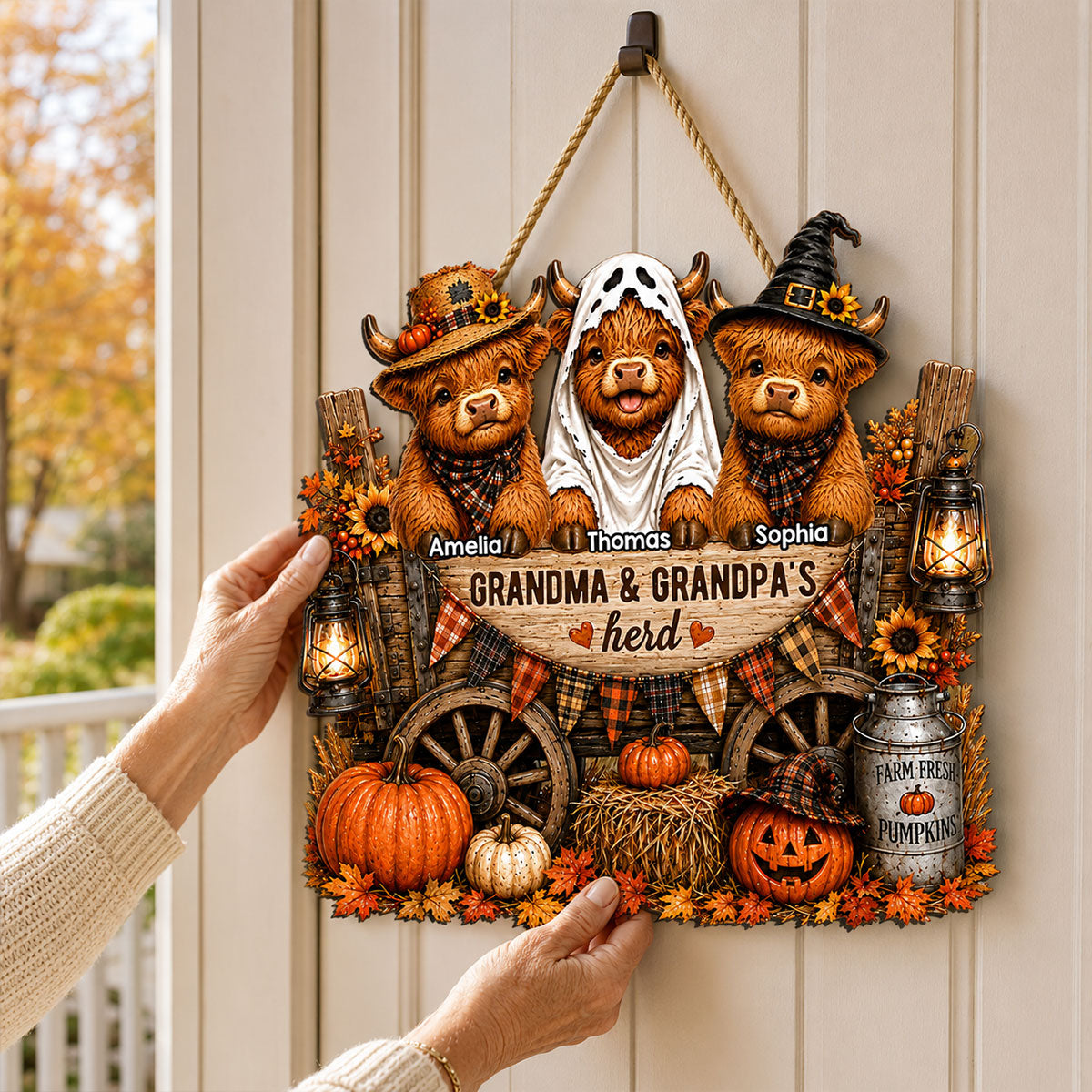 Grandma & Grandpa's Herd - Personalized Wooden Door Sign - Fall Decor for Grandparents, Grandparent's Day Gift