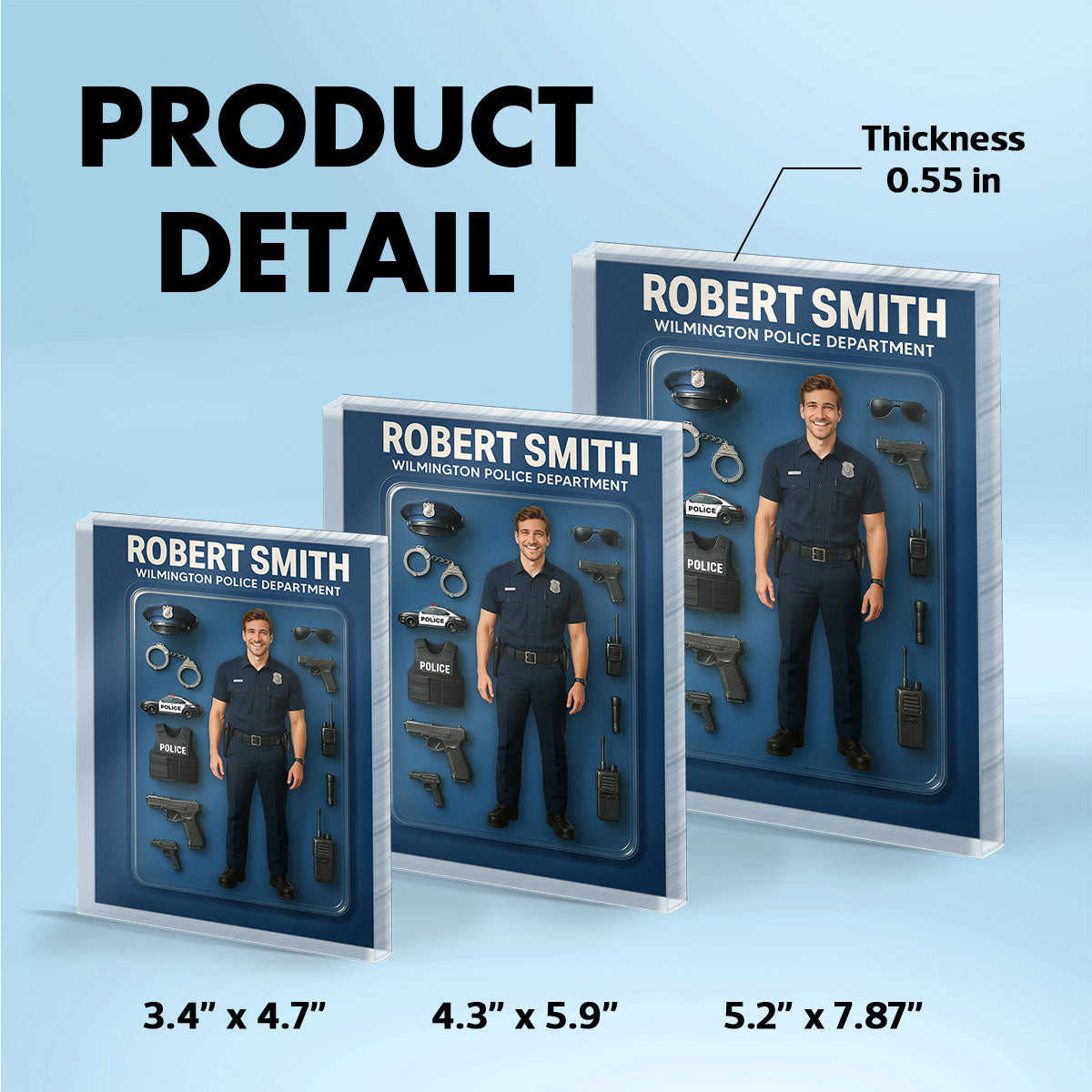 3D Effect Police Officer Custom Figure Personalized Rectangle Flat Acrylic Block Plaque, Unique Father's Day Gift For Police Officers, Dad, Husband [MALE version ONLY]