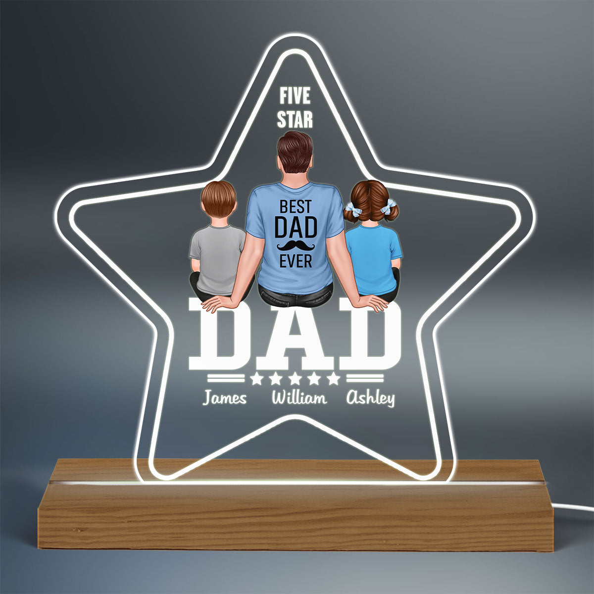 Five - Star Sitting Dad And Kids Back View Personalized Acrylic Custom Shape LED Night Light