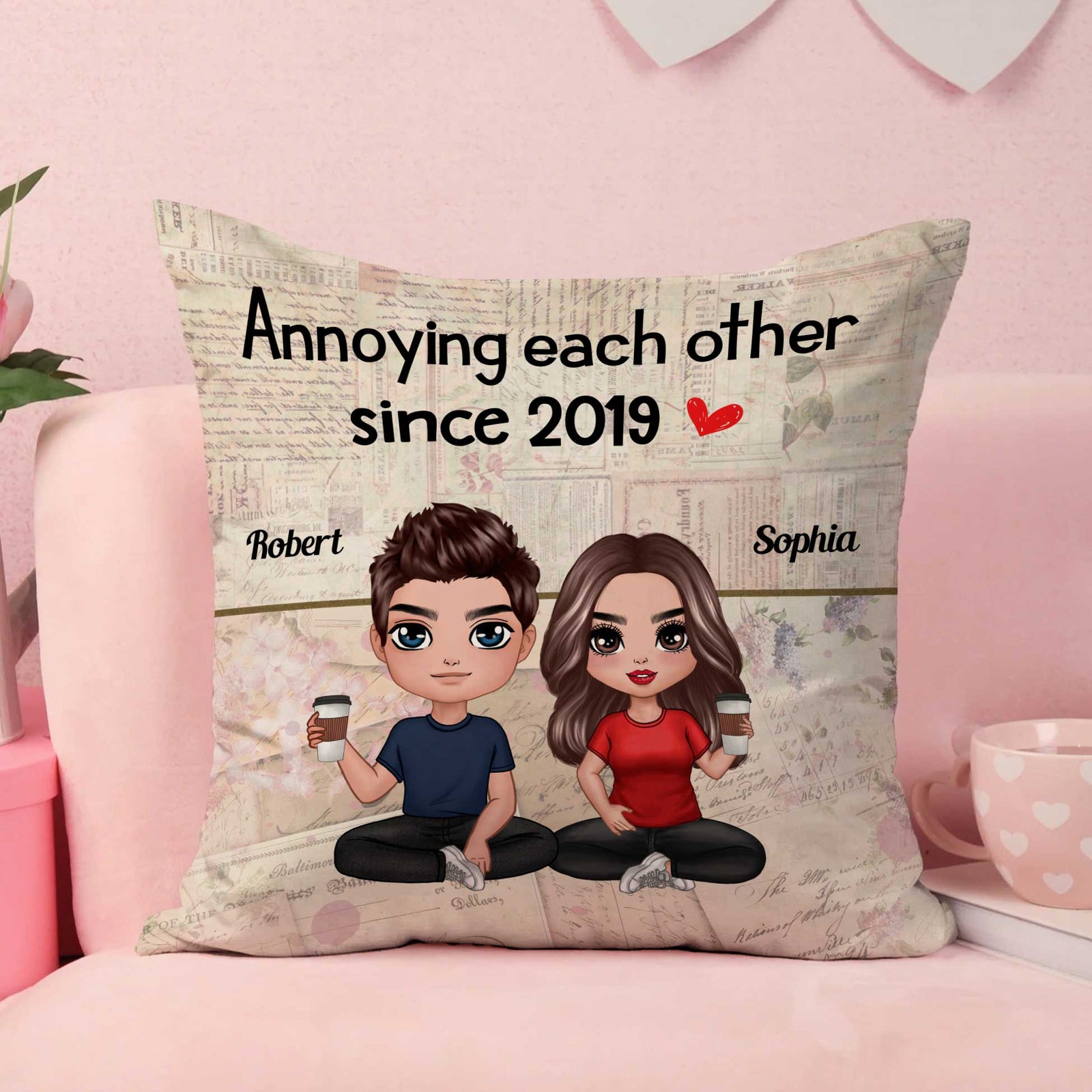 Doll Couple Sitting Together Since Floral Old Paper Personalized Pillow