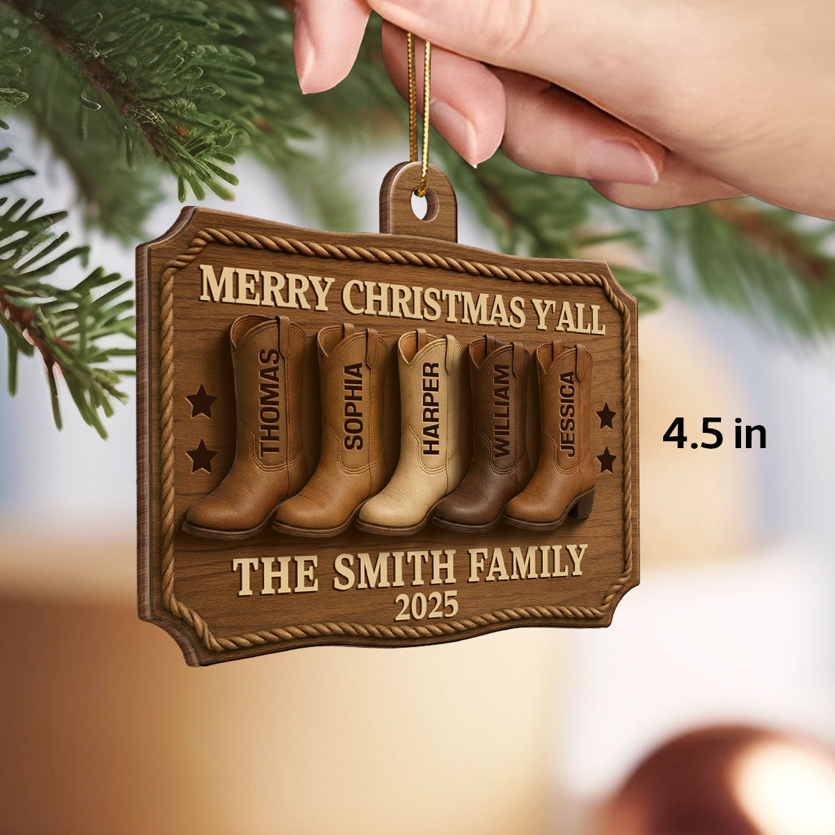 3D Effect Christmas Family Cowboy Boots Merry Christmas Y'all - Personalized Wooden Ornament - Gift For Family