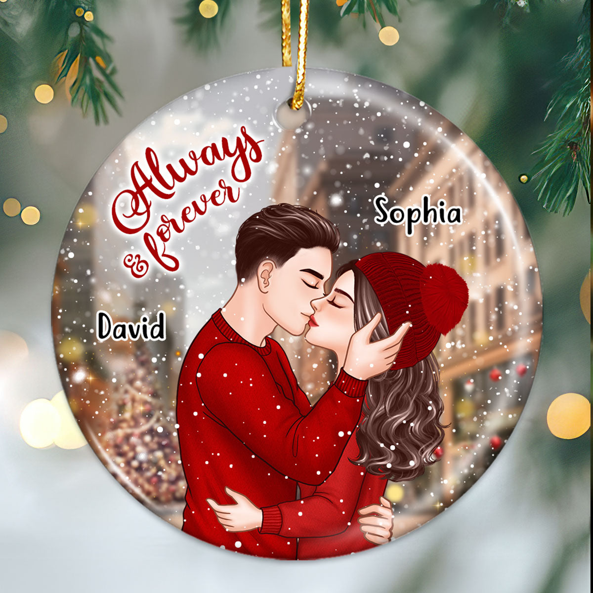 Romantic Couple Kissing On The Street Always & Forever Christmas Personalized Circle Ornament