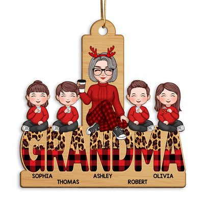 Checkered And Leopard Grandma Grandkids Sitting Personalized Wooden Ornament