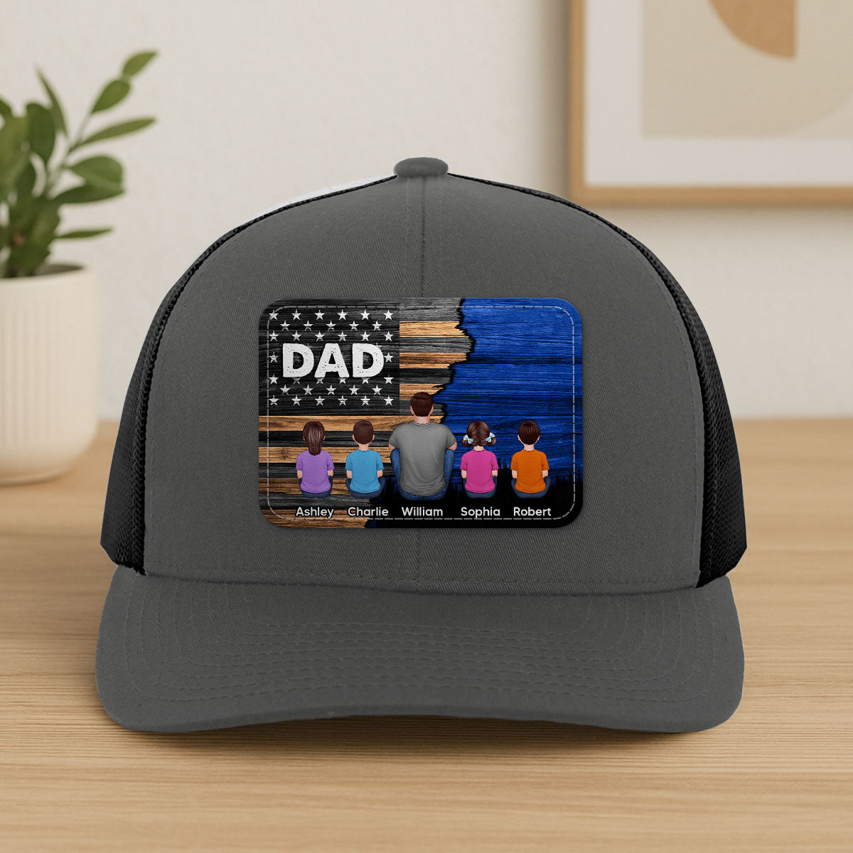 Dad Grandpa Papa Back View Sitting With Kids Half Nation Flag Personalized Leather Patch Hat