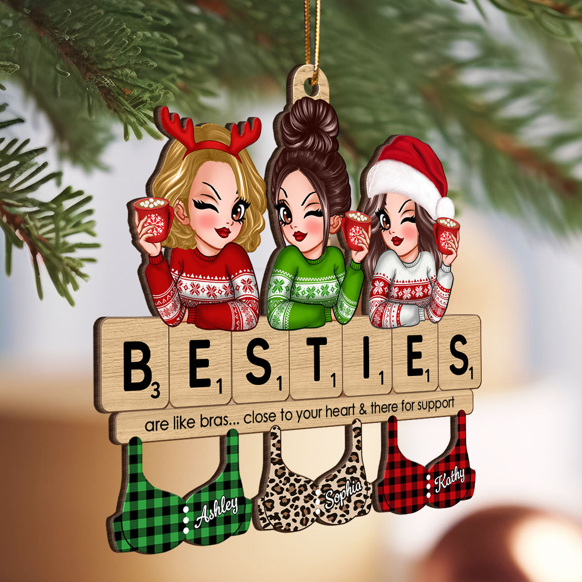 Friends Are Like Bras Girls Sitting On Puzzle Words Personalized Wooden Ornament