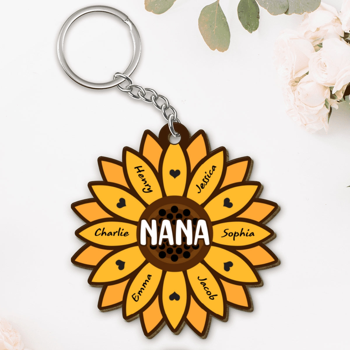 Sunflower Grandkids Children Name Gift For Mom Grandma Personalized Custom Shape Wooden Keychain