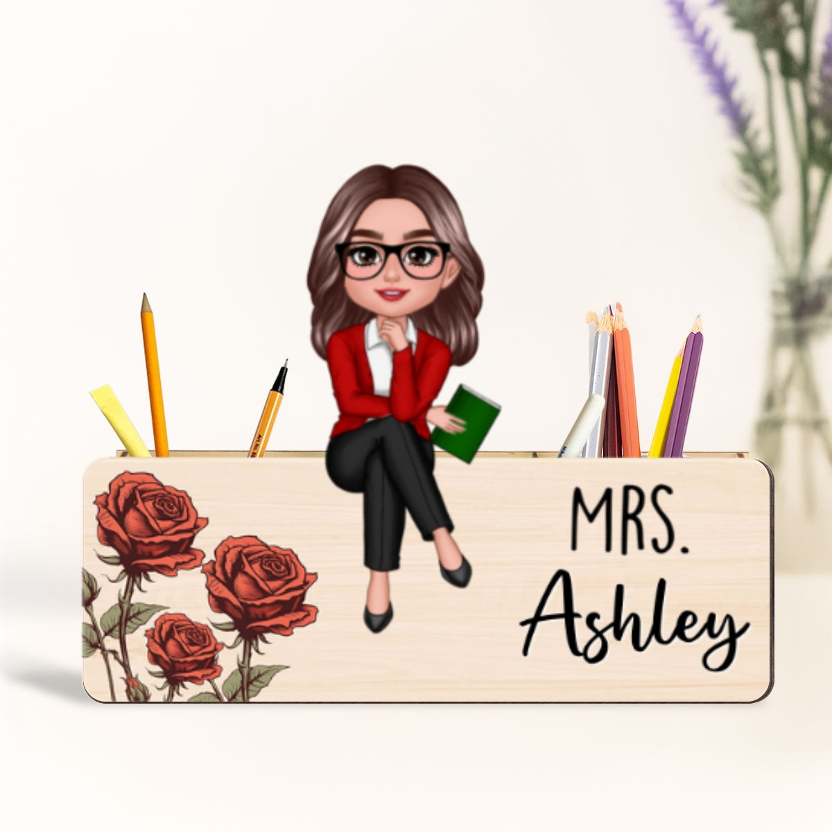 Birth Month Flower Teacher Personalized Pencil Holder, 2-Layer Wooden Plaque, Back To School Gift, Classroom Decor