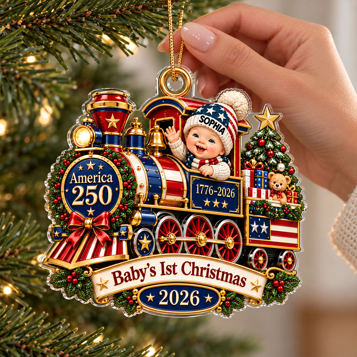 Baby On Train Baby's First Christmas 2D Flat - Personalized Acrylic Ornament - 250th America 1776 - 2026 Anniversary, Patriotic Christmas Decor, Gifts for New Parents