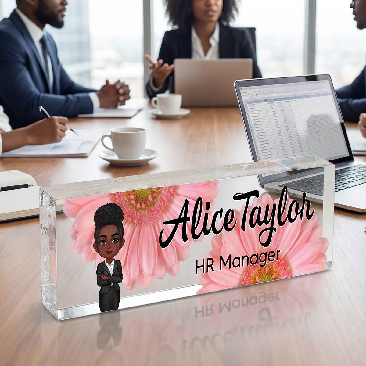 Daisy Flowers Woman Man Office - Personalized Acrylic Desk Name Plate - Gift For Colleagues, Coworkers, Boss