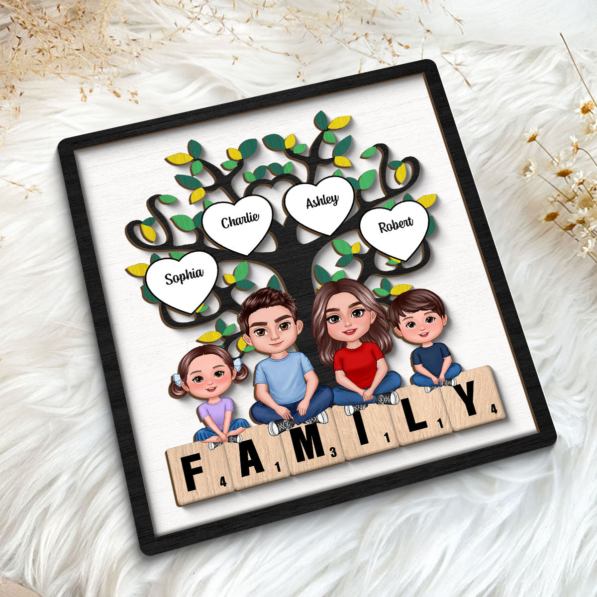 Family Crossed  Legs Under Tree On Text Personalized 2-layer Wooden Plaque