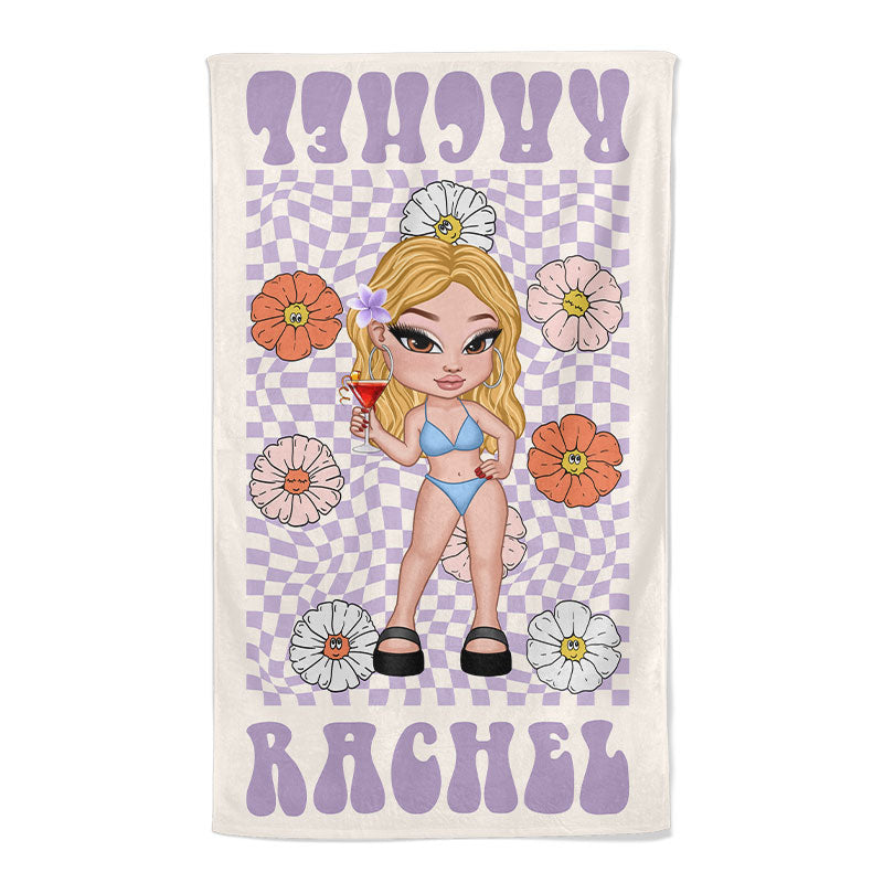 RETRO Multi Style Personalized Beach Towel, Name Bath Towel, Birthday Vacation Summer Gift