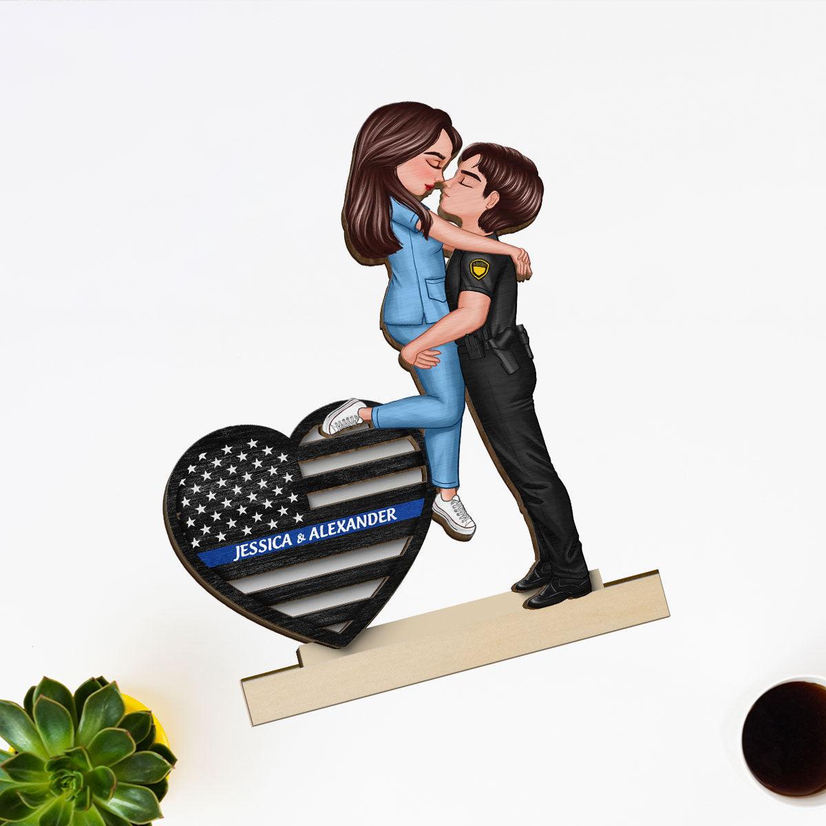 Hero Couple Hugging Kissing Keepsake  Gift by Occupation Personalized 2-Layer Standing Wooden Plaque