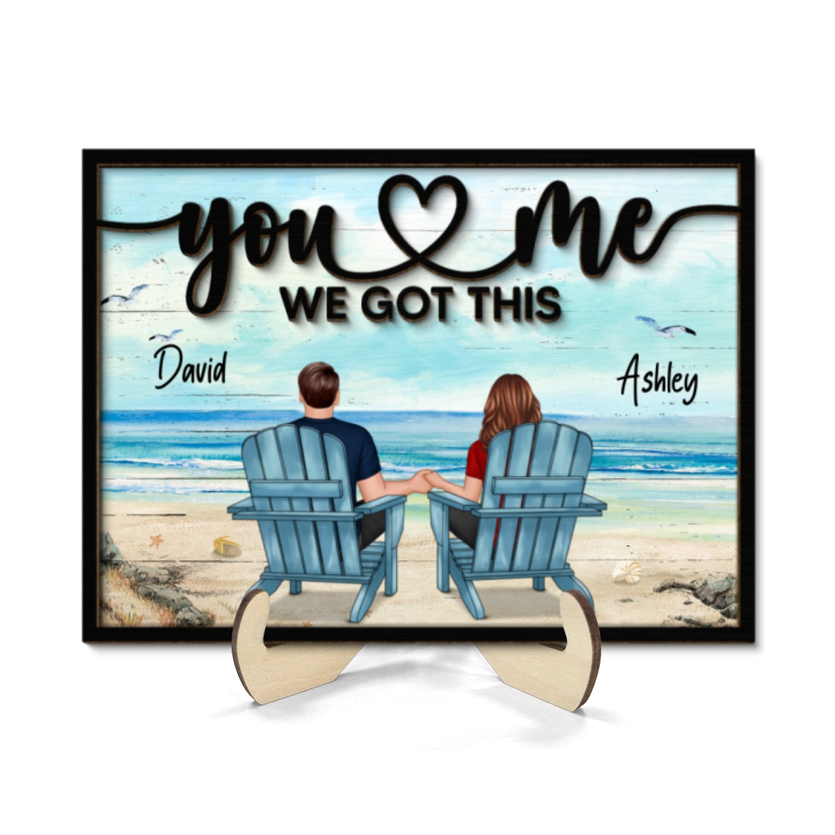 Back View Couple Beach Landscape Valentine‘s Day Gift For Him For Her Personalized 2-Layer Wooden Plaque