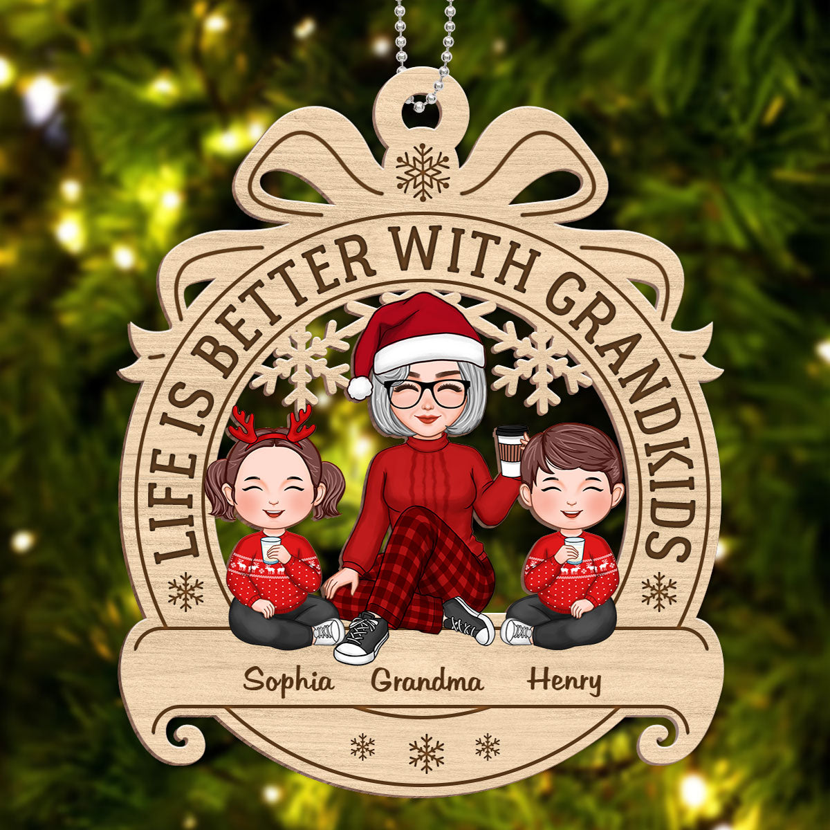 Cute Grandma Grandkids Sitting Ribbon Personalized Wooden Ornament