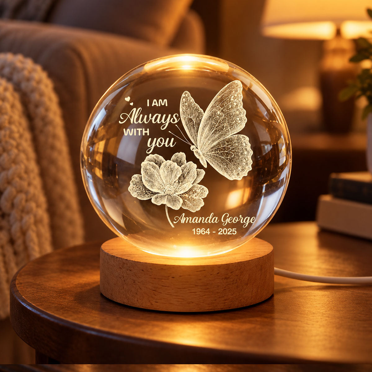 Now She Flies With Butterflies Memorial - Personalized Crystal Ball LED Night Light - Memorial Keepsake Remembrance Gift For Lost Loved Ones