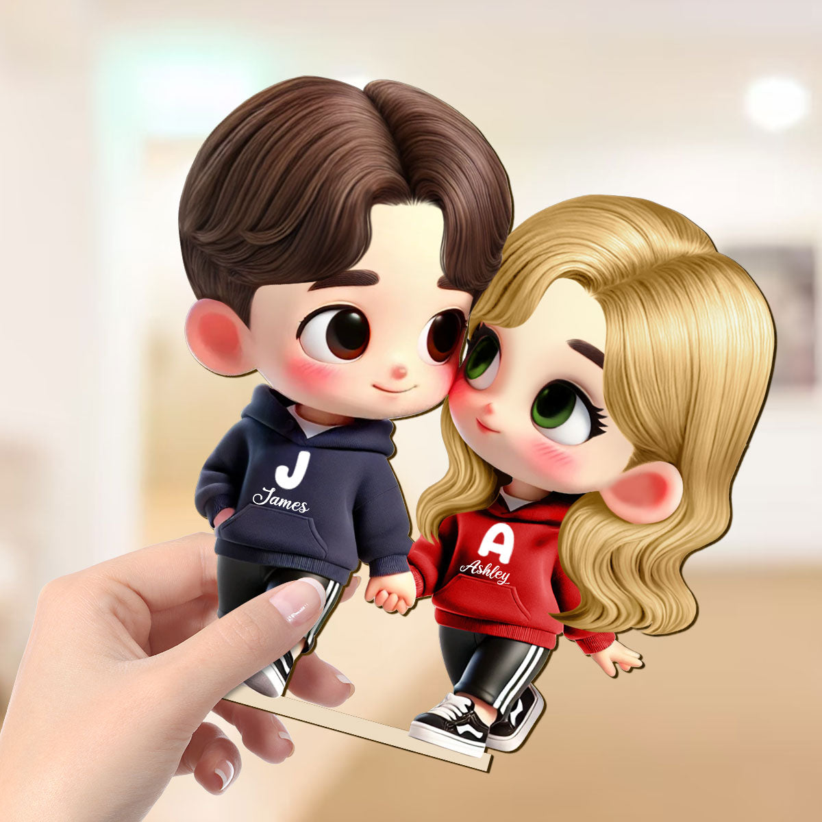 3D Effect Cute Cartoon Couple Holding Hands Personalized Standing Wooden Plaque, Anniversary &  Gift for him, Gift for her