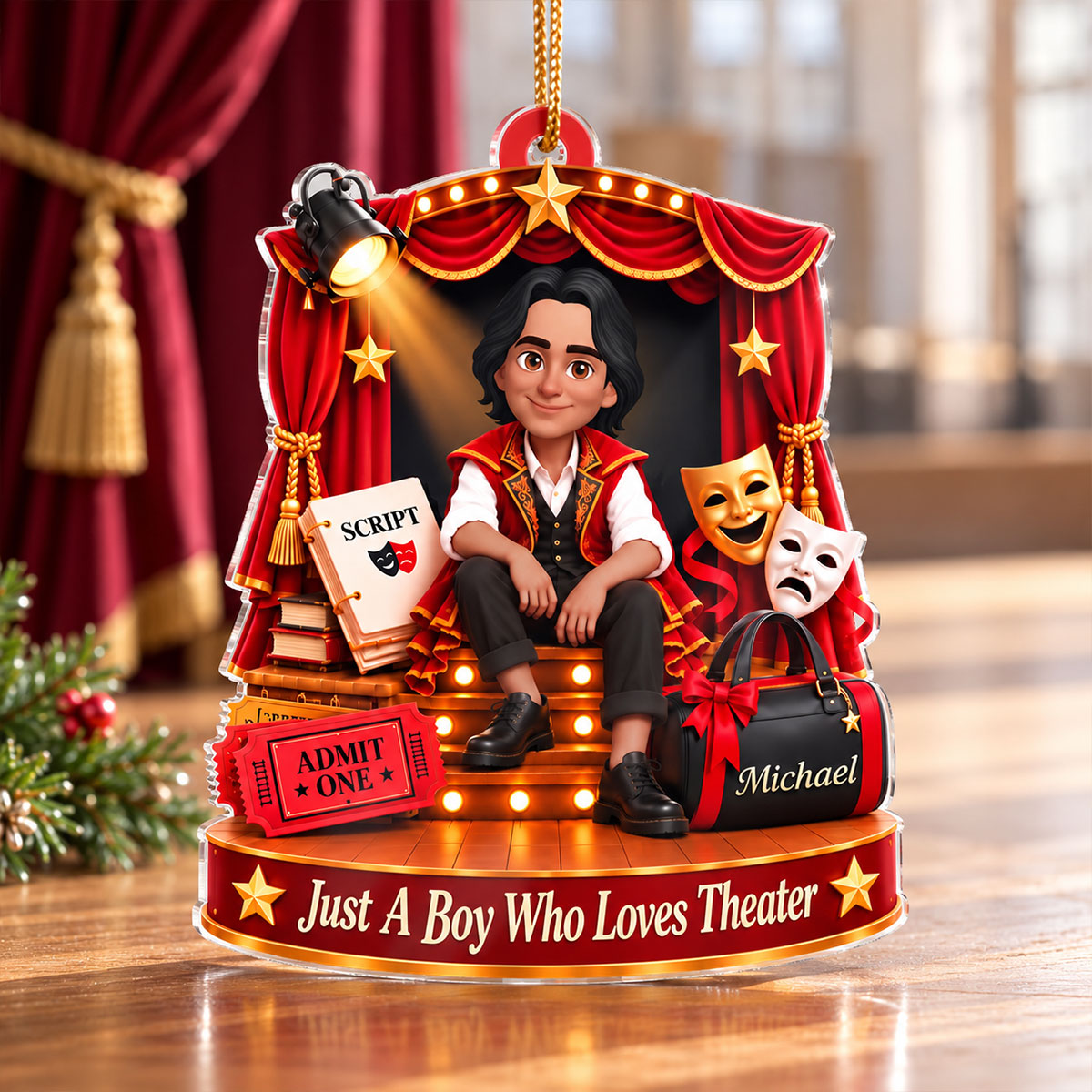 Just a Boy Who Loves Theater - Personalized Acrylic Ornament - Christmas Gift for Son, Grandson