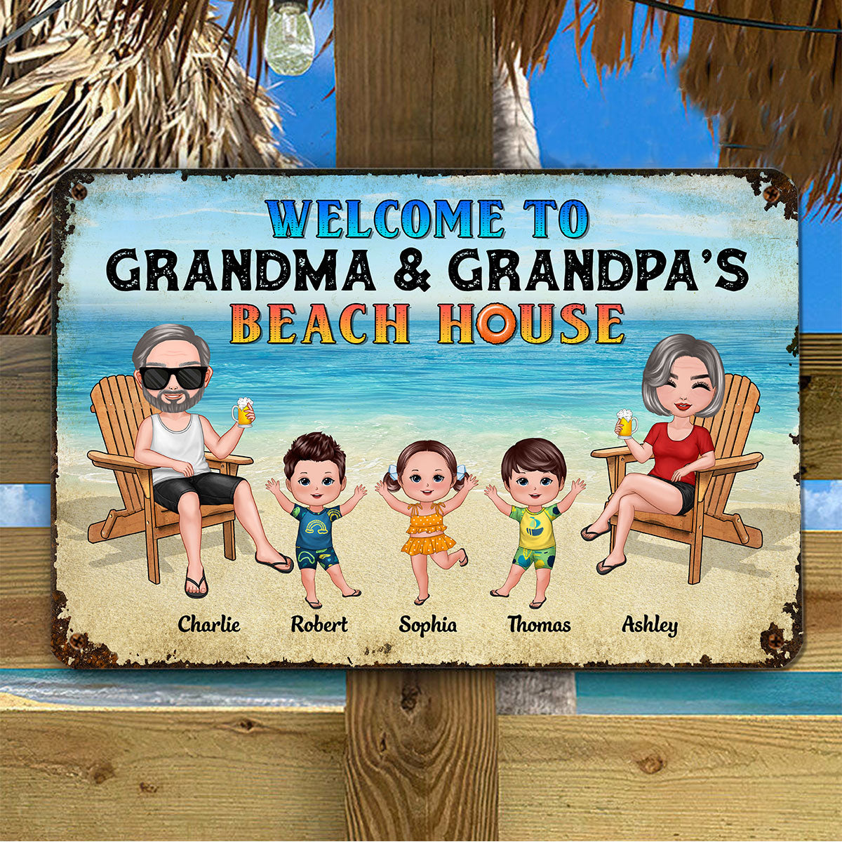 Welcome To Grandparents‘ Beach House Doll Grandma Grandpa & Kids Personalized Metal Sign