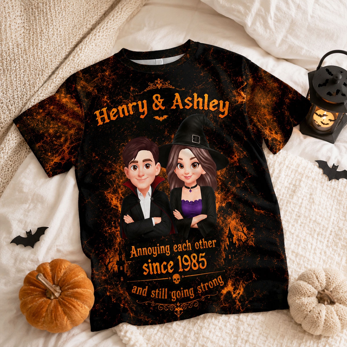 Retro Halloween Couple - Personalized Shirt - Halloween Matching Shirts for Couple, Anniversary Gift for Him, for Her