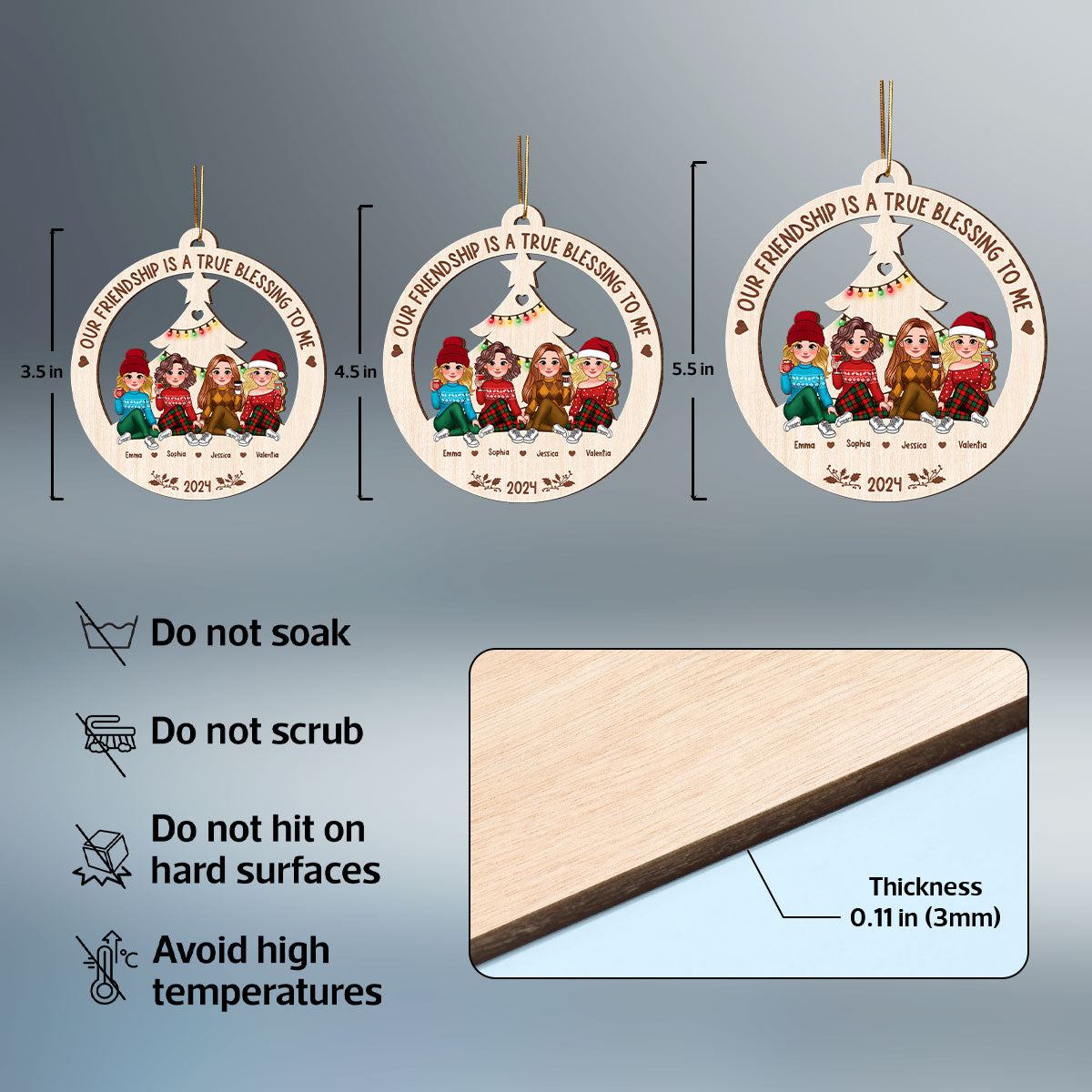Animated Besties Christmas Tree Personalized Wooden Ornament, Christmas Gift For Best Friends