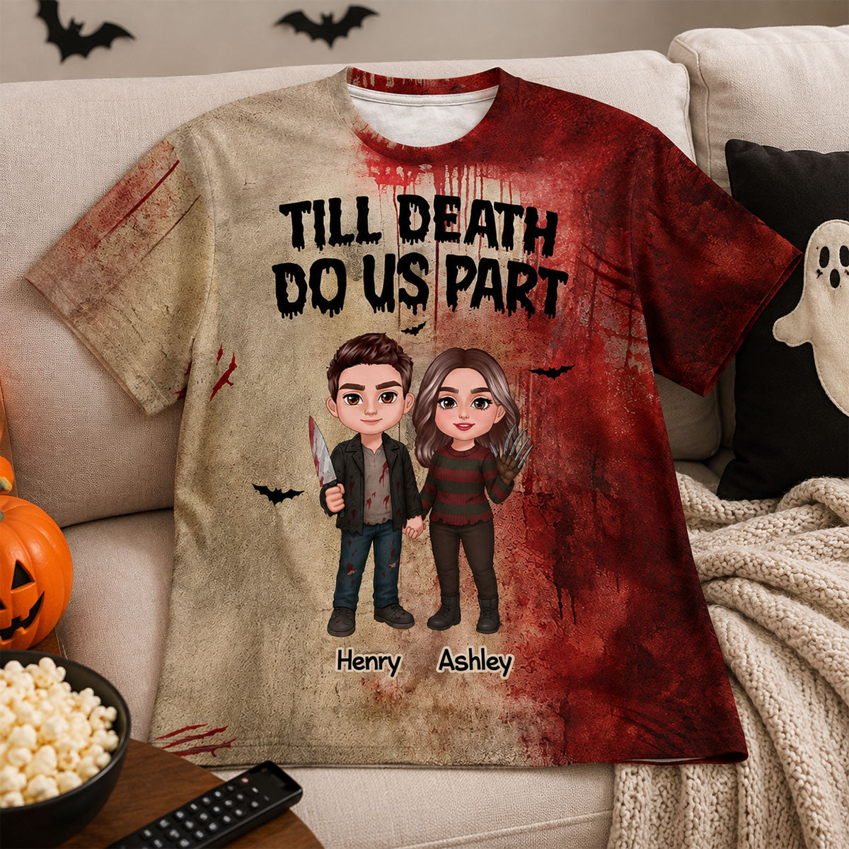 Halloween Horror Theme Couple Till Death Do Us Part - Personalized Shirt - Halloween Matching Shirts For Couple