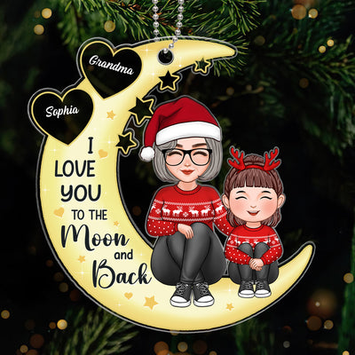 Yellow Moon Cute Grandma Grandkid Sitting Hugging Knees To Chest Love You To the Moon And Back Personalized Acrylic Ornament