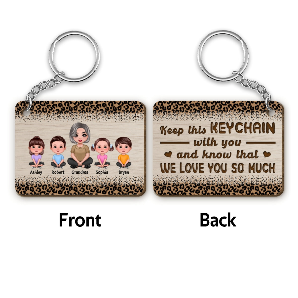Keep This With You We Love You Leopard Pattern Pretty Grandma & Doll Kids Personalized Wooden Keychain